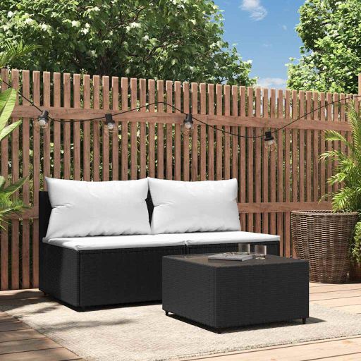 vidaXL Garten-Mittelsofa mit Kissen Schwarz Poly Rattan