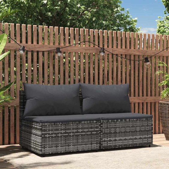 vidaXL Garten-Mittelsofa mit Kissen Schwarz Poly Rattan