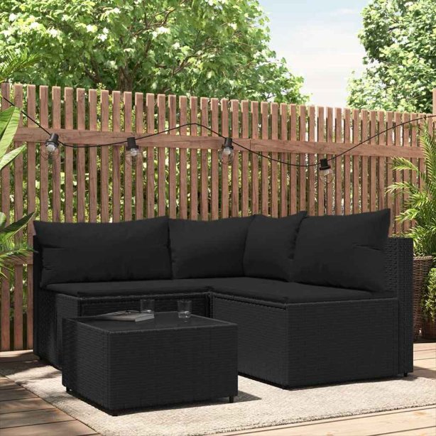 vidaXL Garten-Ecksofa mit Kissen Schwarz Poly Rattan