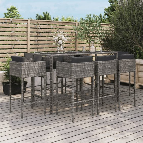 7-tlg. Gartenbar-Set mit Kissen Braun Poly Rattan
