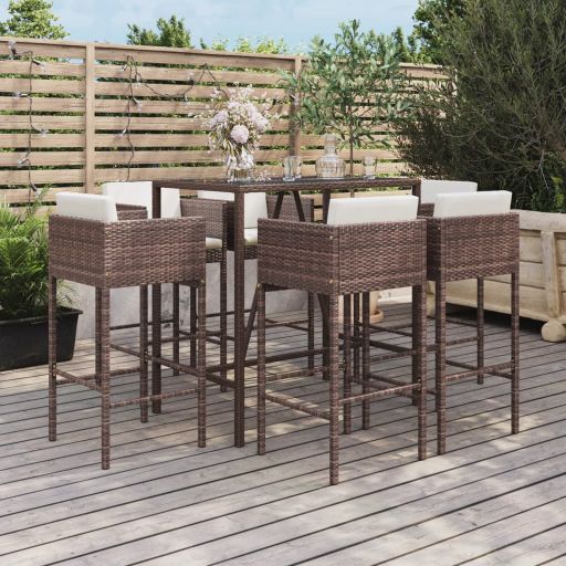 5-tlg. Gartenbar-Set mit Kissen Braun Poly Rattan
