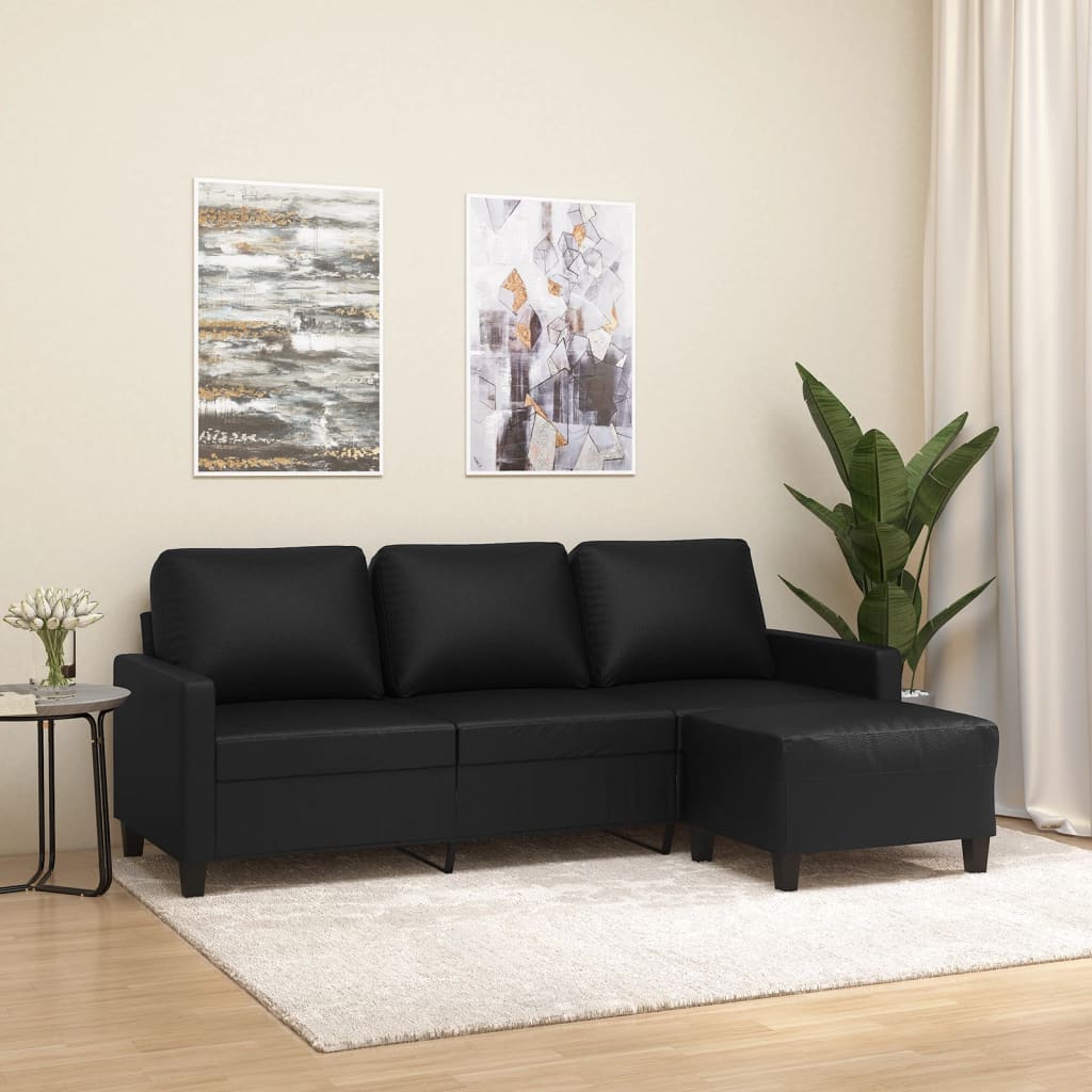 vidaXL 3-Sitzer-Sofa mit Hocker Schwarz 180 cm Kunstleder