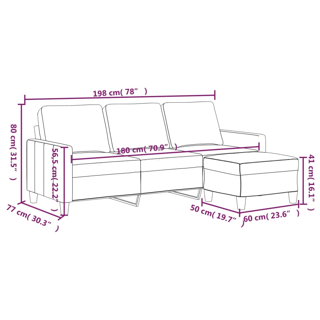 vidaXL 3-Sitzer-Sofa mit Hocker Schwarz 180 cm Kunstleder