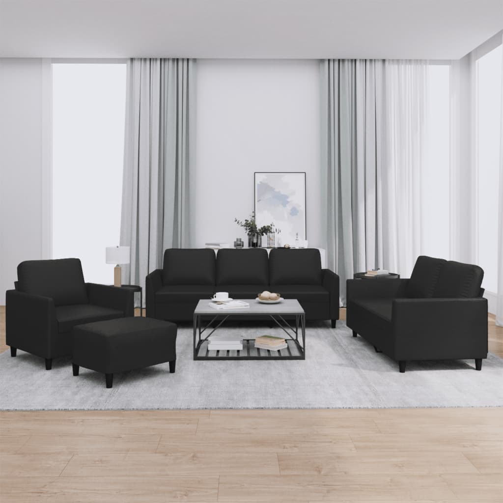 3-tlg. Sofagarnitur mit Kissen Schwarz Kunstleder