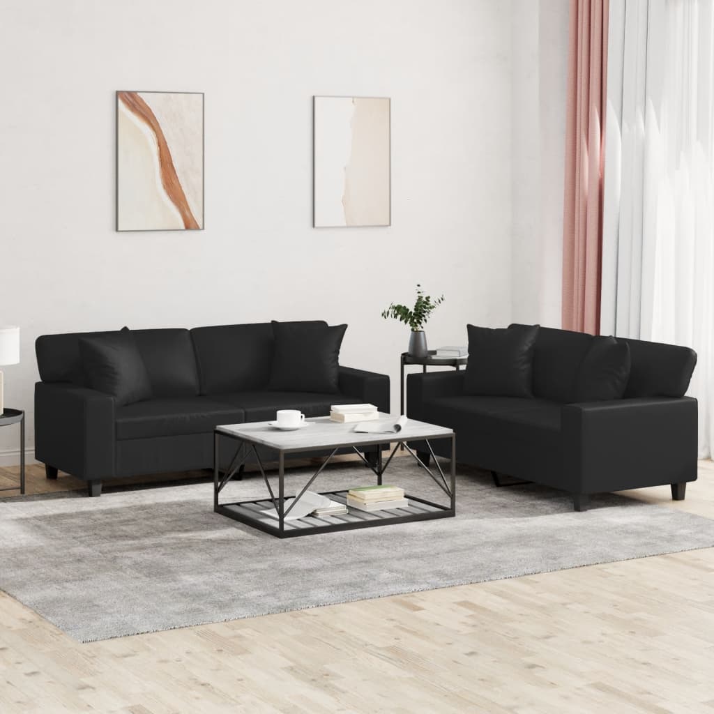 2-tlg. Sofagarnitur Schwarz Kunstleder