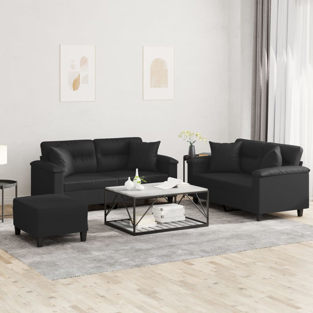 2-tlg. Sofagarnitur mit Kissen Schwarz Kunstleder