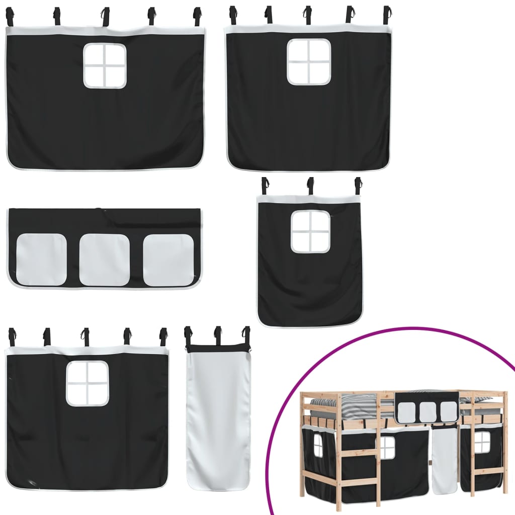 vidaXL Kinderhochbett mit Vorhängen Weiß und Schwarz Massivholz Kiefer