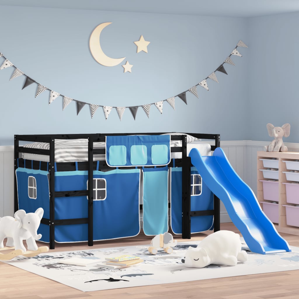 Kinderhochbett mit Vorhängen Weiß und Schwarz Massivholz Kiefer