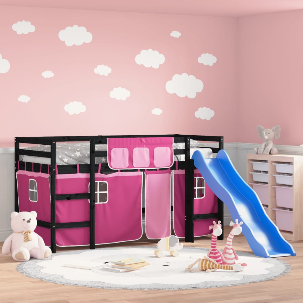 Kinderhochbett mit Vorhängen Weiß und Schwarz Massivholz Kiefer