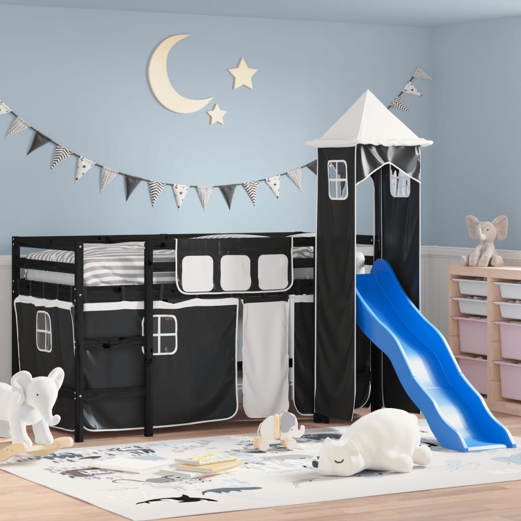 vidaXL Kinderhochbett mit Turm Weiß & Schwarz 80x200 cm Kiefernholz