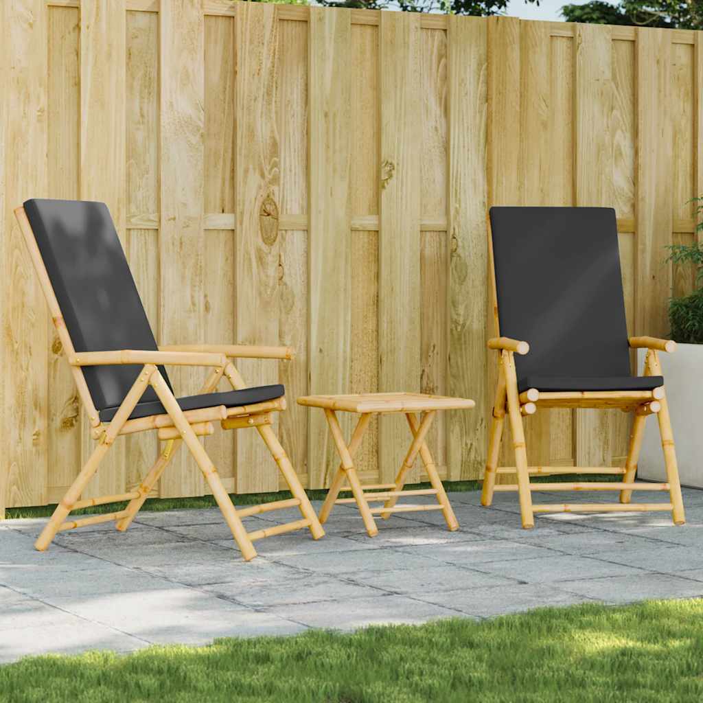 3-tlg. Bistro-Set Klappbar mit Cremeweißen Kissen Bambus