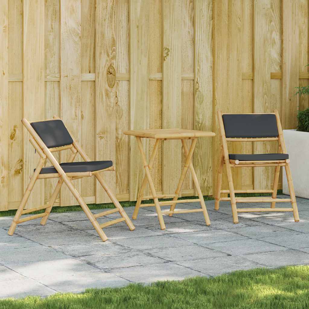 3-tlg. Bistro-Set Klappbar mit Cremeweißen Kissen Bambus