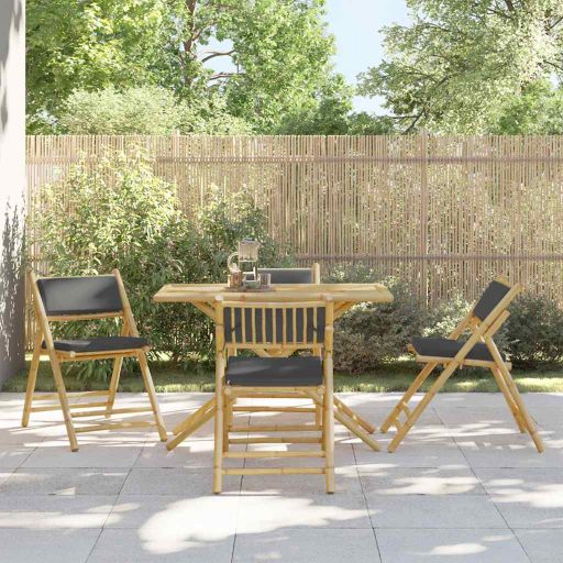 5-tlg. Bistro-Set Klappbar mit Cremeweißen Kissen Bambus
