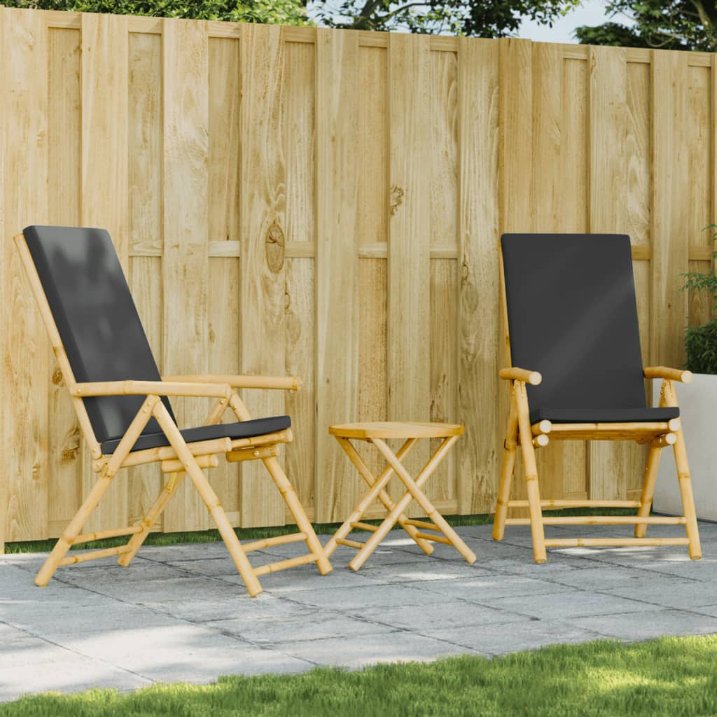 3-tlg. Bistro-Set Klappbar mit Cremeweißen Kissen Bambus