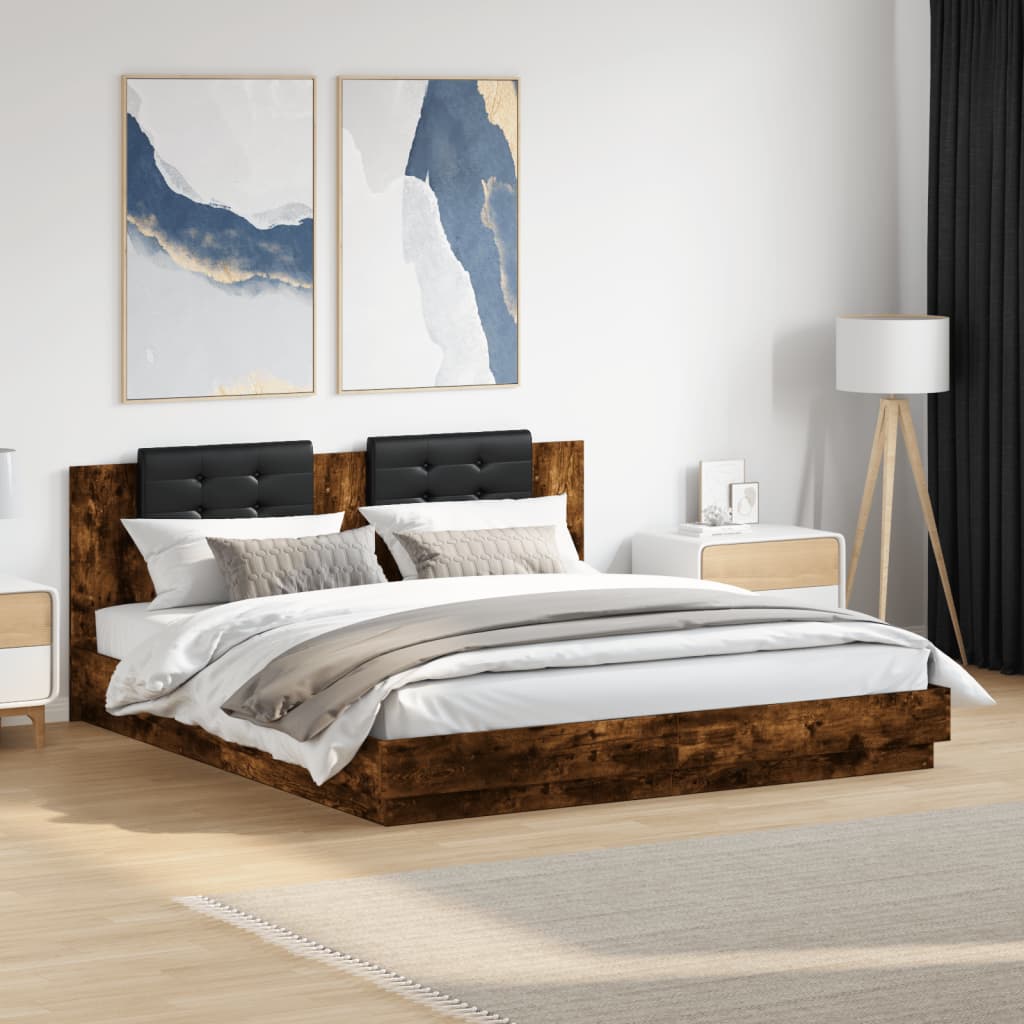 Bettgestell mit Kopfteil und LED-Leuchten Weiß 200x200 cm