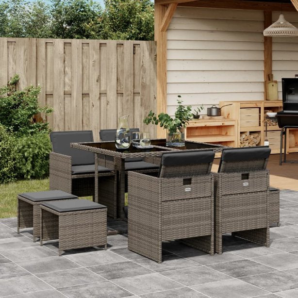 9-tlg. Garten-Essgruppe mit Kissen Schwarz Poly Rattan
