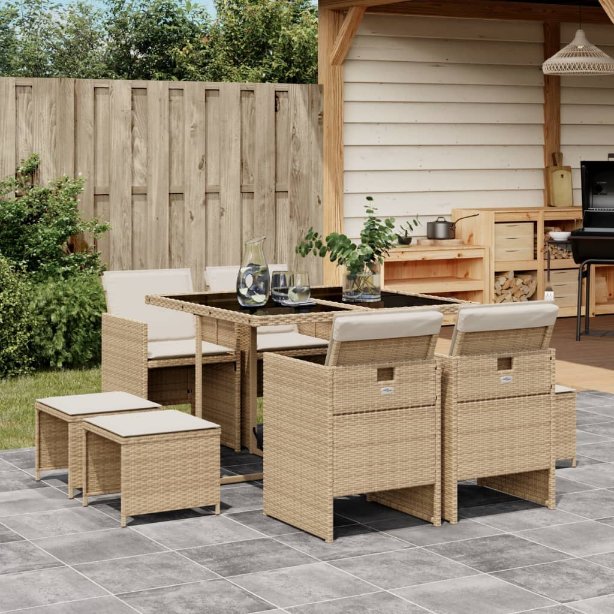 9-tlg. Garten-Essgruppe mit Kissen Schwarz Poly Rattan