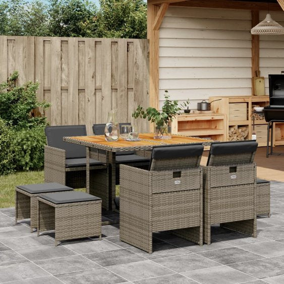 9-tlg. Garten-Essgruppe mit Kissen Schwarz Poly Rattan