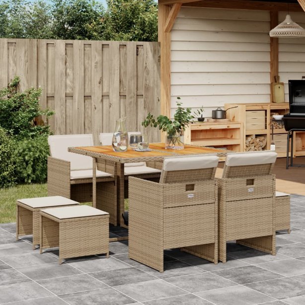 9-tlg. Garten-Essgruppe mit Kissen Schwarz Poly Rattan