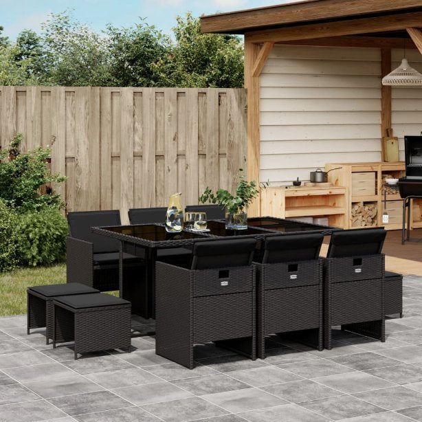 9-tlg. Garten-Essgruppe mit Kissen Schwarz Poly Rattan