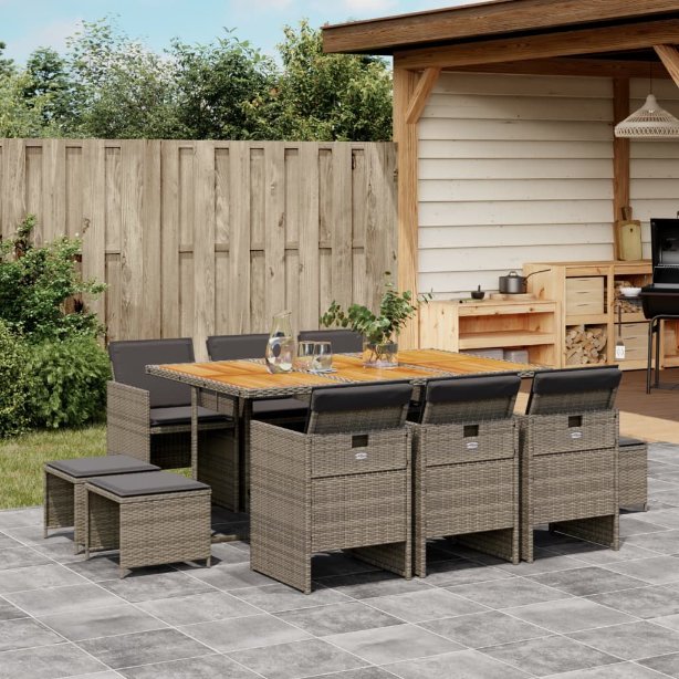 9-tlg. Garten-Essgruppe mit Kissen Schwarz Poly Rattan