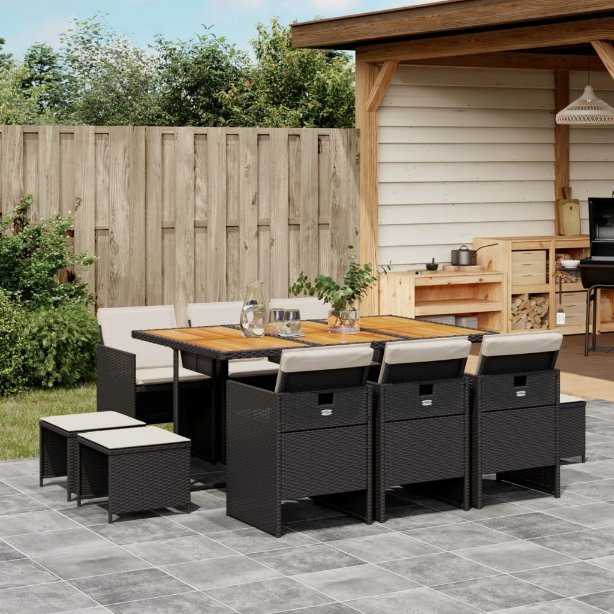 9-tlg. Garten-Essgruppe mit Kissen Schwarz Poly Rattan
