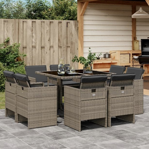 9-tlg. Garten-Essgruppe mit Kissen Schwarz Poly Rattan