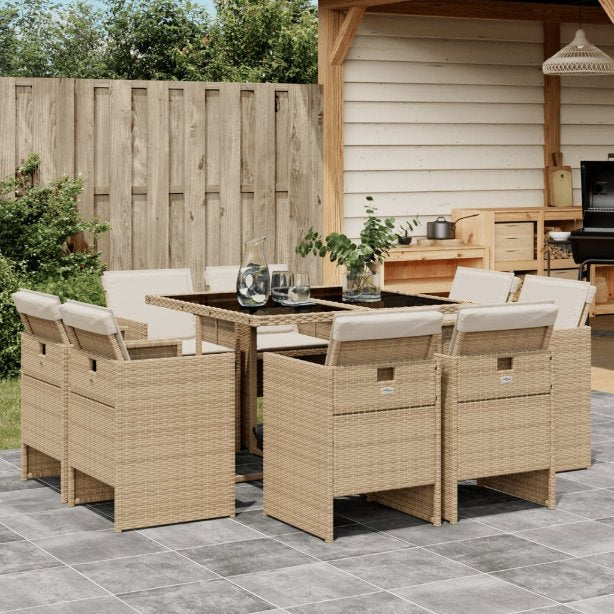 9-tlg. Garten-Essgruppe mit Kissen Schwarz Poly Rattan