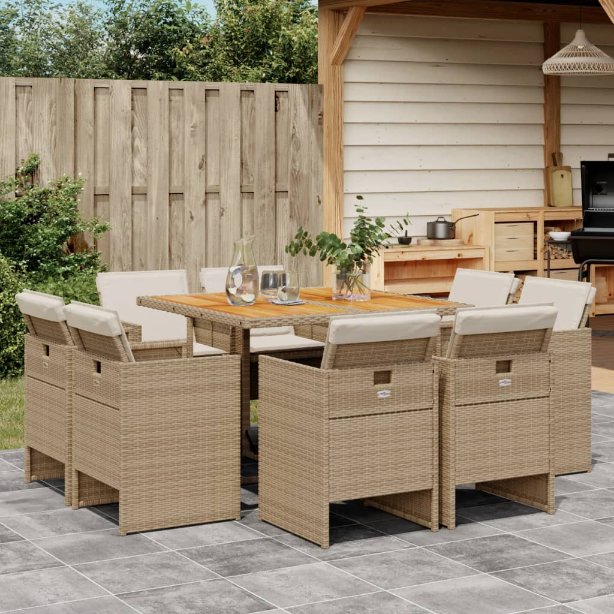 9-tlg. Garten-Essgruppe mit Kissen Schwarz Poly Rattan