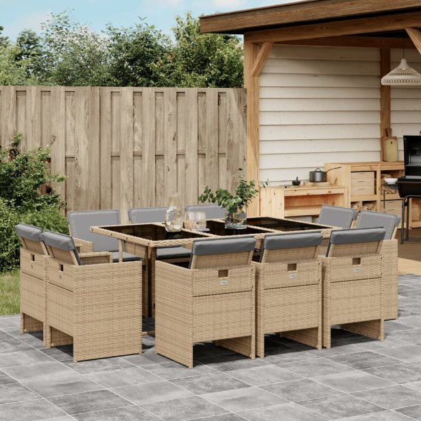 9-tlg. Garten-Essgruppe mit Kissen Schwarz Poly Rattan