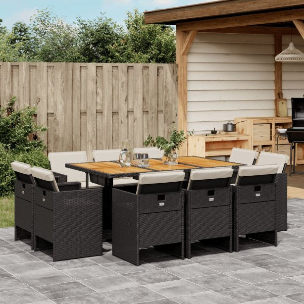 9-tlg. Garten-Essgruppe mit Kissen Schwarz Poly Rattan