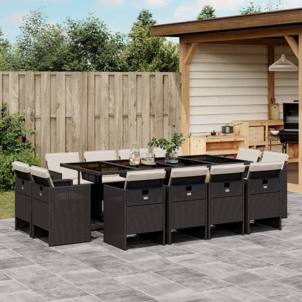 9-tlg. Garten-Essgruppe mit Kissen Schwarz Poly Rattan