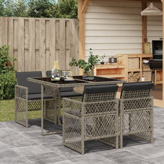 5-tlg. Garten-Essgruppe mit Kissen Schwarz Poly Rattan