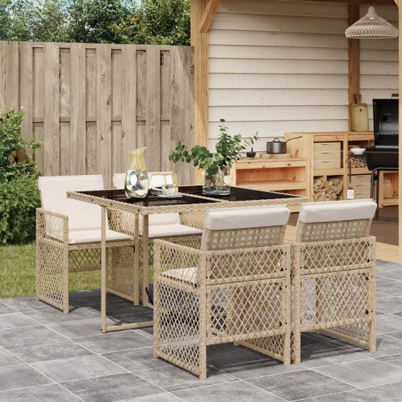 5-tlg. Garten-Essgruppe mit Kissen Schwarz Poly Rattan