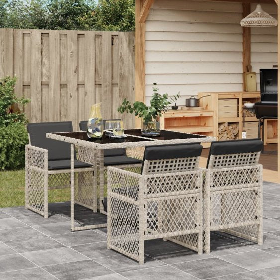 5-tlg. Garten-Essgruppe mit Kissen Schwarz Poly Rattan