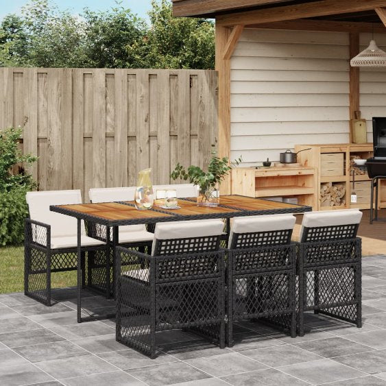 5-tlg. Garten-Essgruppe mit Kissen Schwarz Poly Rattan