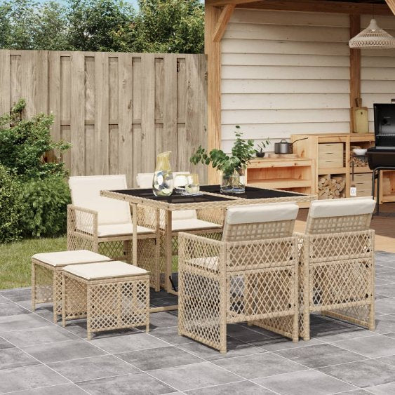 9-tlg. Garten-Essgruppe mit Kissen Schwarz Poly Rattan