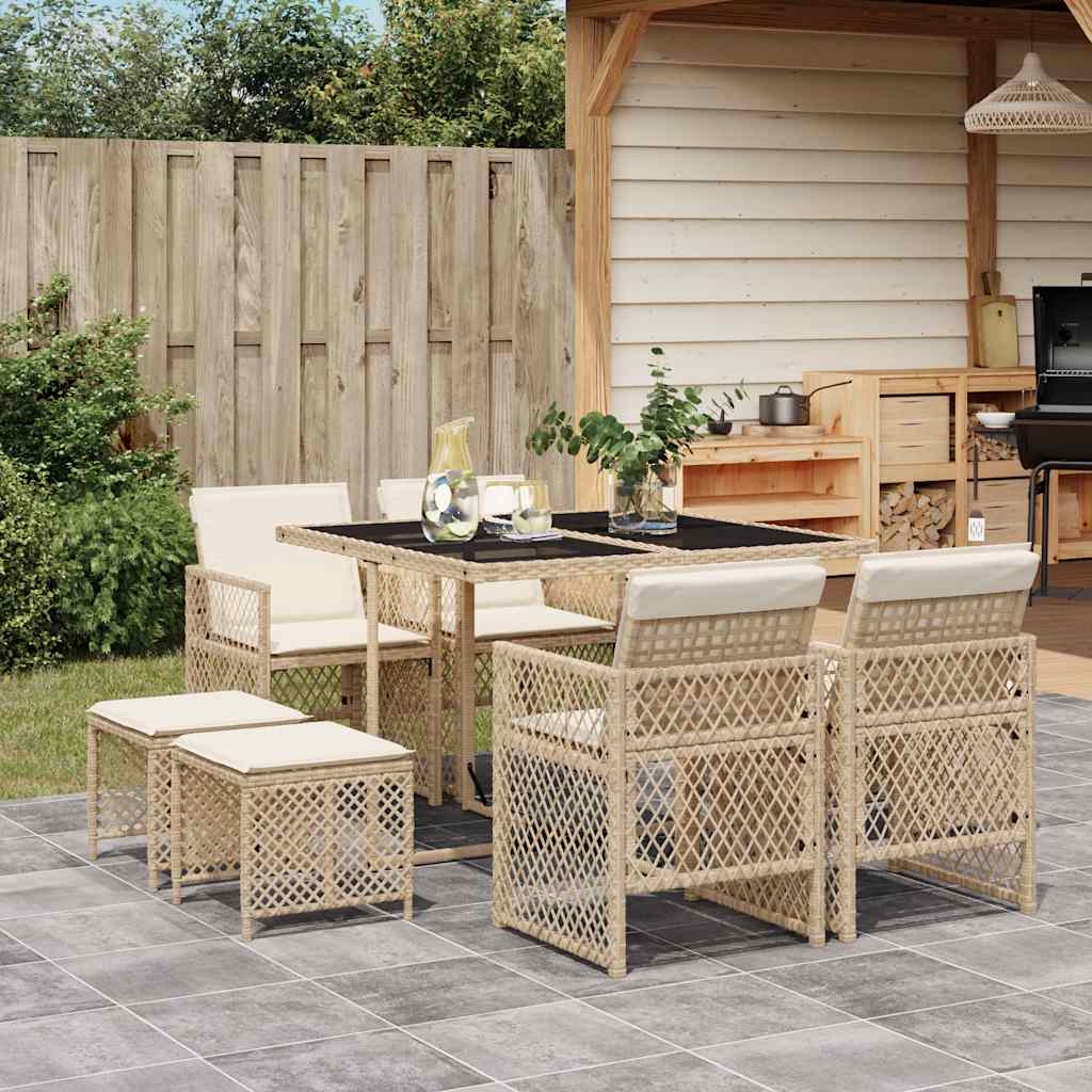 9-tlg. Garten-Essgruppe mit Kissen Schwarz Poly Rattan
