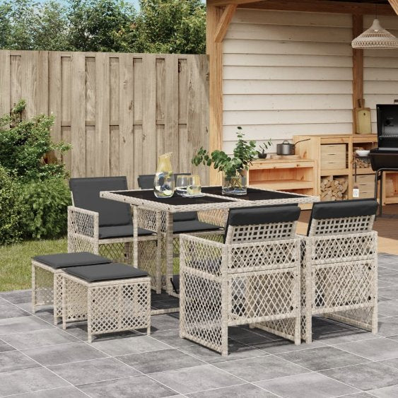 9-tlg. Garten-Essgruppe mit Kissen Schwarz Poly Rattan