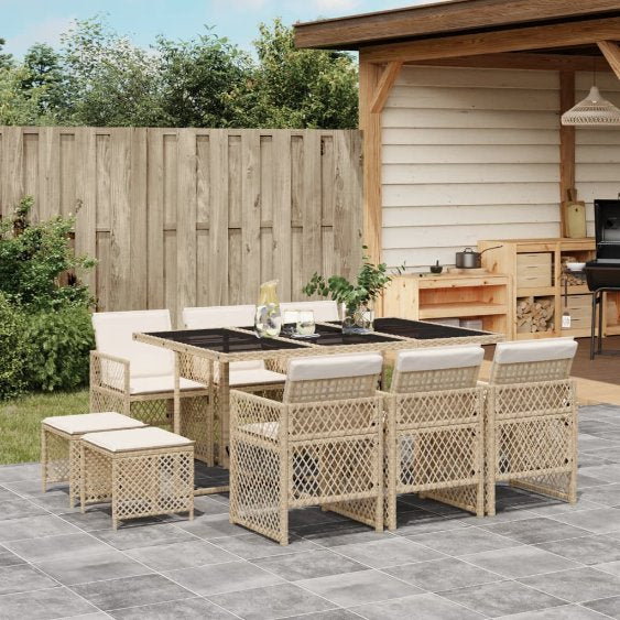 9-tlg. Garten-Essgruppe mit Kissen Schwarz Poly Rattan