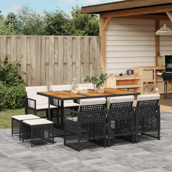 9-tlg. Garten-Essgruppe mit Kissen Schwarz Poly Rattan