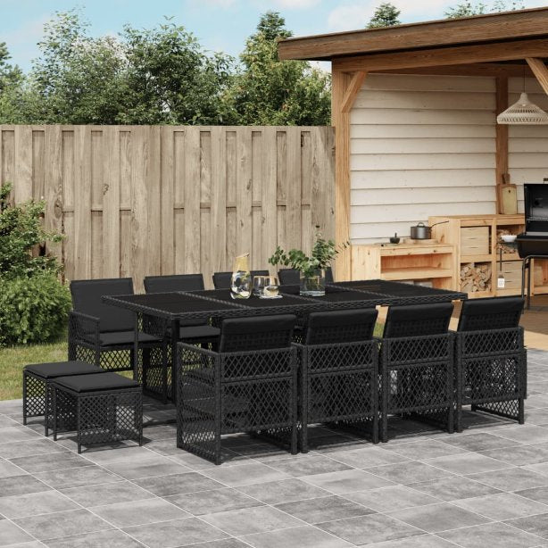 9-tlg. Garten-Essgruppe mit Kissen Schwarz Poly Rattan