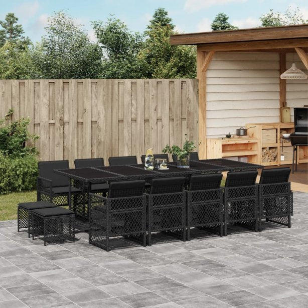 9-tlg. Garten-Essgruppe mit Kissen Schwarz Poly Rattan