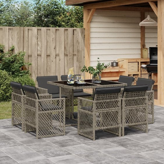 9-tlg. Garten-Essgruppe mit Kissen Schwarz Poly Rattan