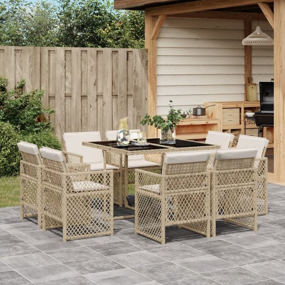 9-tlg. Garten-Essgruppe mit Kissen Schwarz Poly Rattan