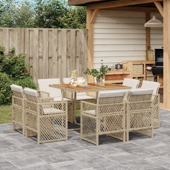 9-tlg. Garten-Essgruppe mit Kissen Schwarz Poly Rattan