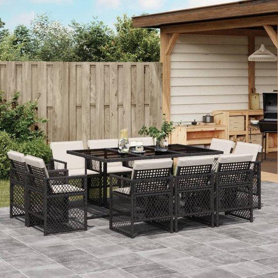 9-tlg. Garten-Essgruppe mit Kissen Schwarz Poly Rattan