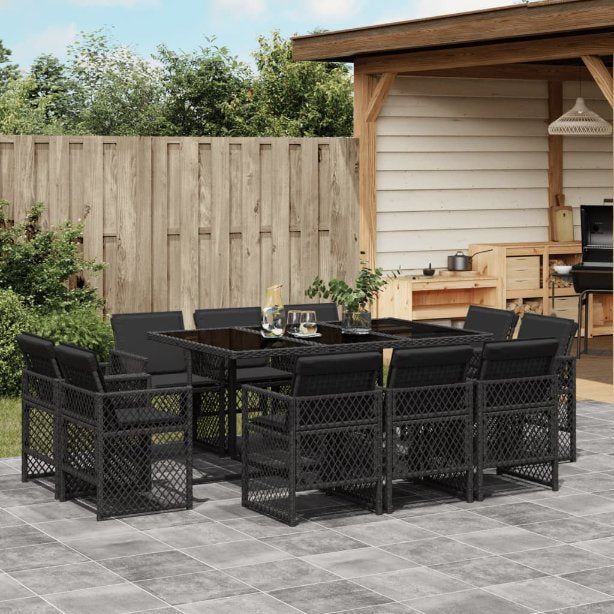 9-tlg. Garten-Essgruppe mit Kissen Schwarz Poly Rattan
