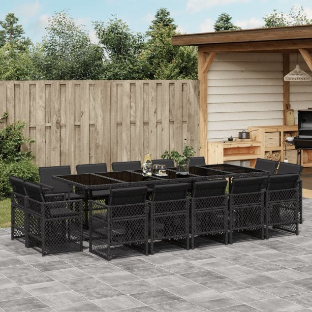 9-tlg. Garten-Essgruppe mit Kissen Schwarz Poly Rattan