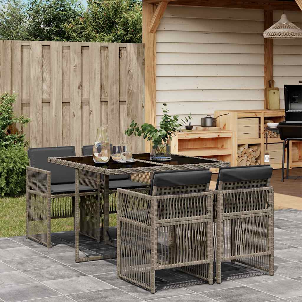 5-tlg. Garten-Essgruppe mit Kissen Schwarz Poly Rattan